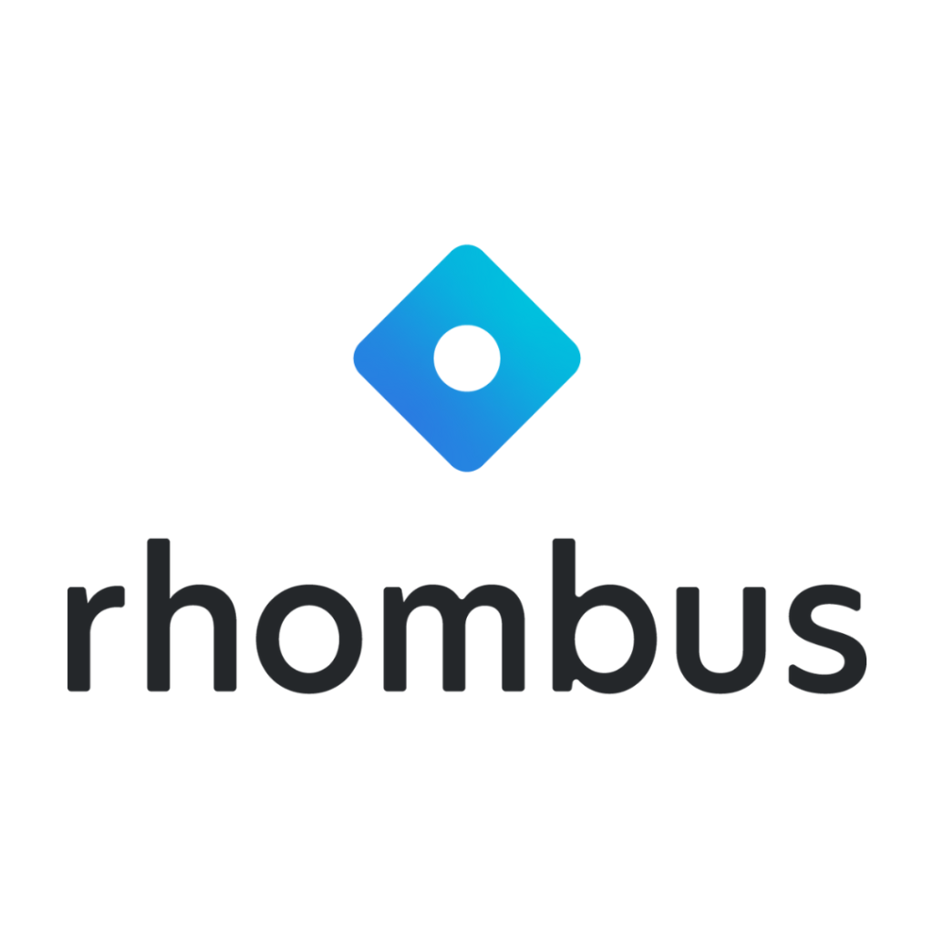 A blue and white logo of rhombus